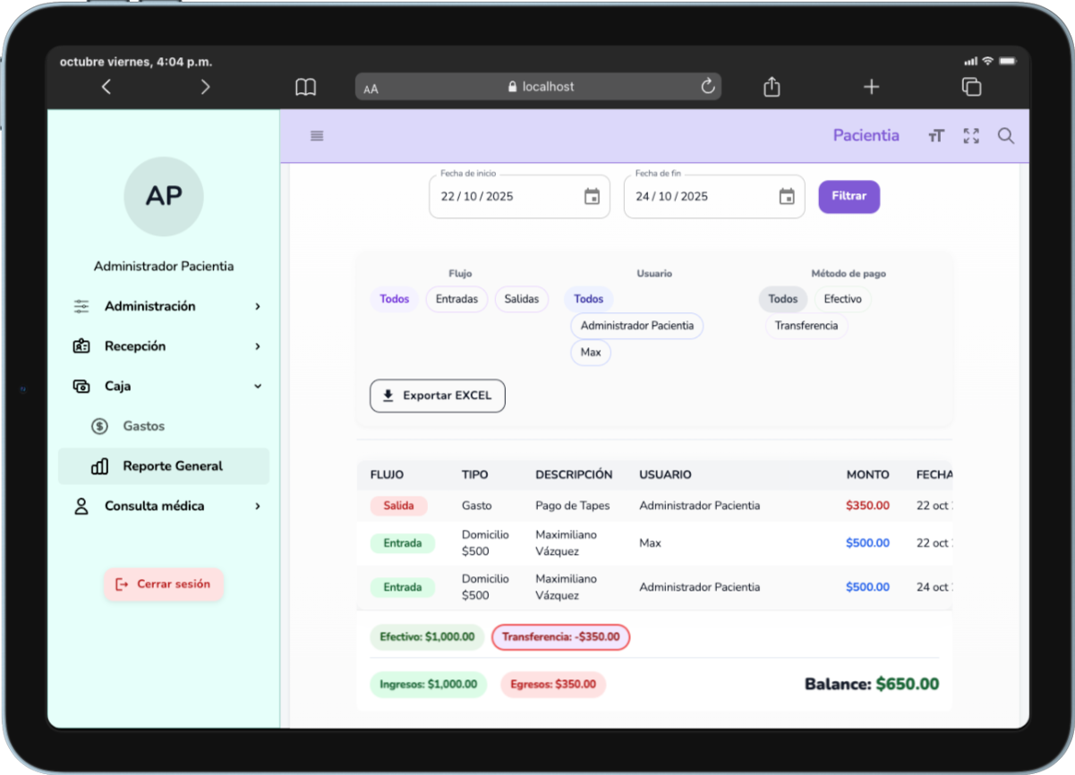 Reporte de caja (tablet)